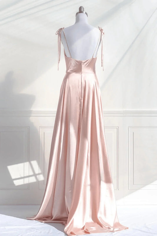 Vestido de fiesta de satén rosa con escote en forma de A y tirantes finos, vestido de noche de satén rosa TP1080