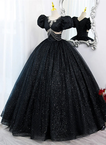 Black Tulle Beaded Short Sleeves Prom Dress, Black Tulle Formal Dress TP1081