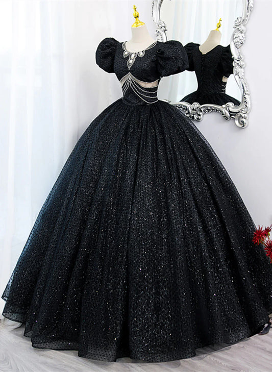 Black Tulle Beaded Short Sleeves Prom Dress, Black Tulle Formal Dress TP1081