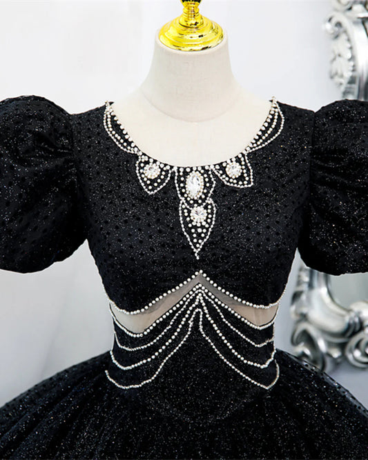 Black Tulle Beaded Short Sleeves Prom Dress, Black Tulle Formal Dress TP1081