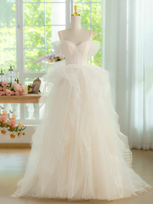 Vestido de fiesta largo de tul con tirantes finos color champán claro, precioso vestido de noche formal de corte A TP109