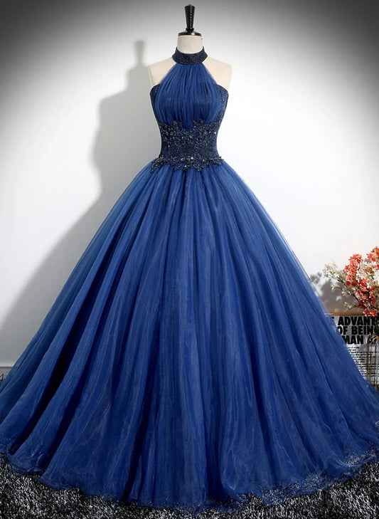Vestido formal largo de tul azul marino con escote alto, vestido de fiesta azul marino TP1095