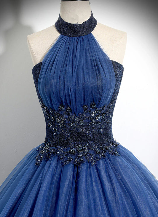 Vestido formal largo de tul azul marino con escote alto, vestido de fiesta azul marino TP1095