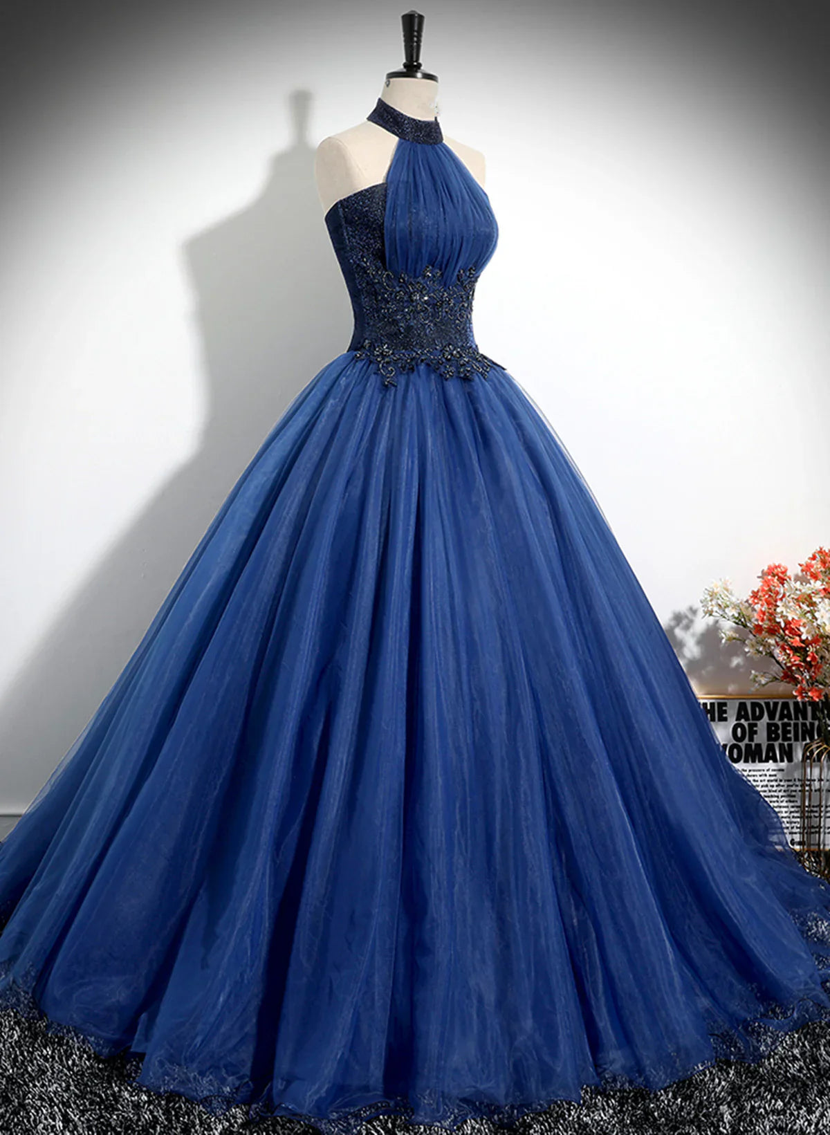 Vestido formal largo de tul azul marino con escote alto, vestido de fiesta azul marino TP1095