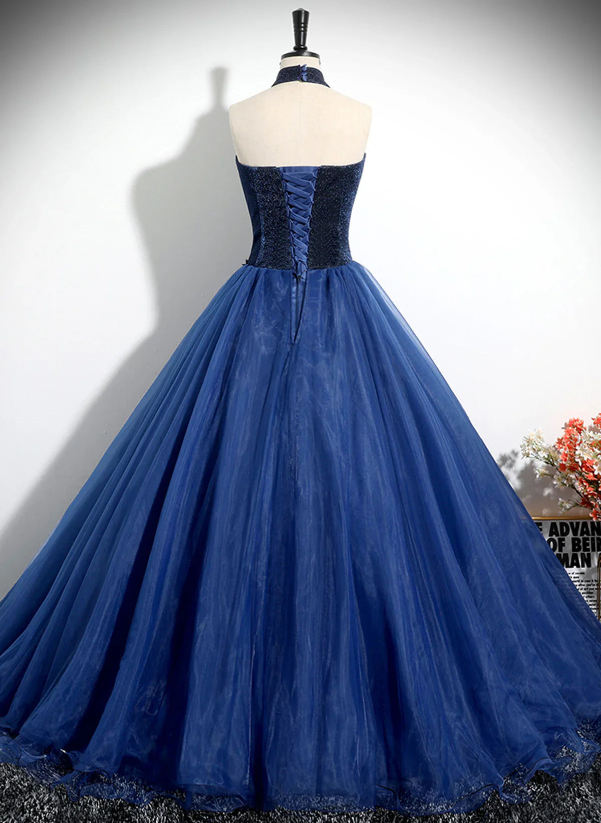 Vestido formal largo de tul azul marino con escote alto, vestido de fiesta azul marino TP1095