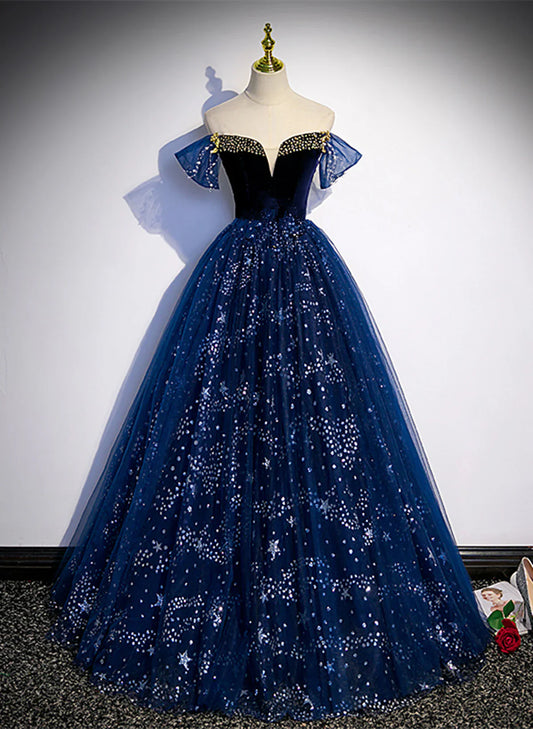 Precioso vestido de fiesta largo de tul azul marino con hombros descubiertos y cuentas, vestido de fiesta de tul azul marino TP1096