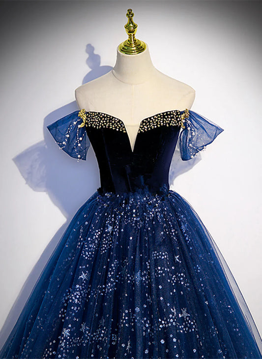 Precioso vestido de fiesta largo de tul azul marino con hombros descubiertos y cuentas, vestido de fiesta de tul azul marino TP1096