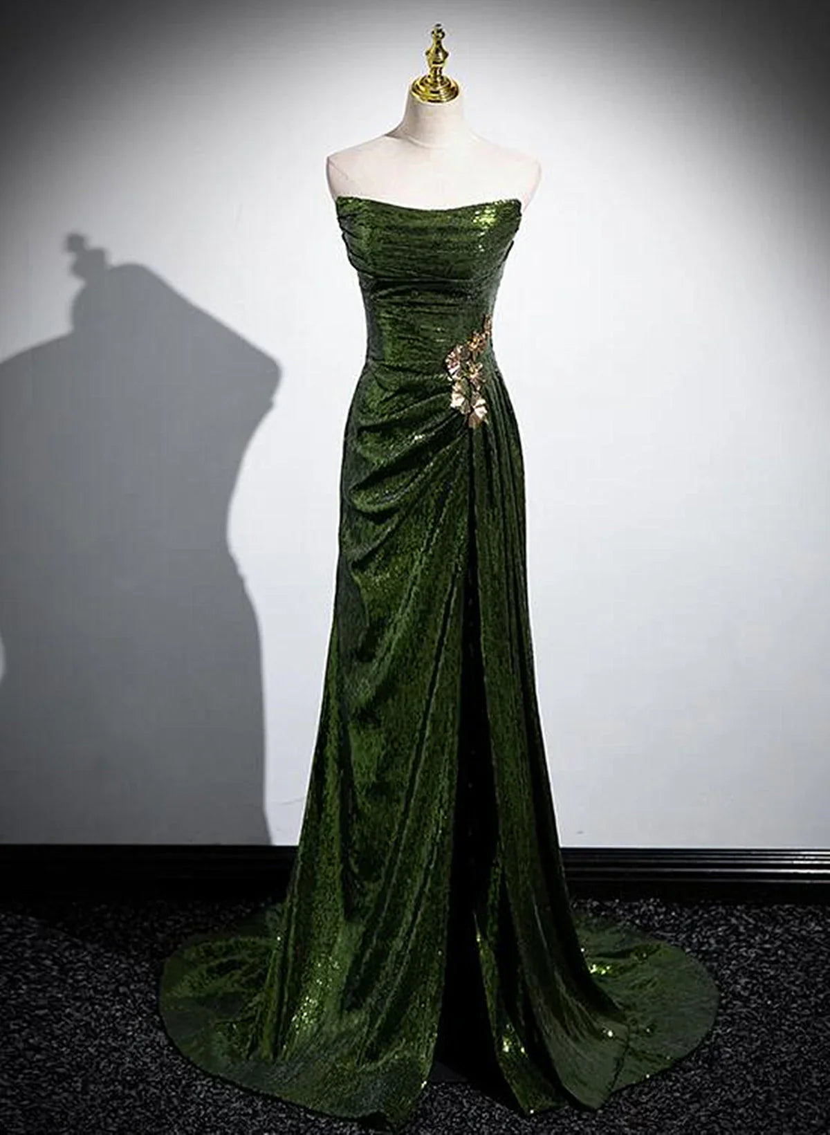 Vestido de fiesta largo estilo sirena con lentejuelas verdes, corte en A, vestido de fiesta verde con lentejuelas estilo sirena TP1097