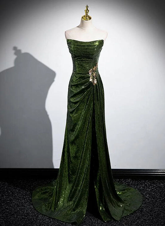 Vestido de fiesta largo estilo sirena con lentejuelas verdes, corte en A, vestido de fiesta verde con lentejuelas estilo sirena TP1097