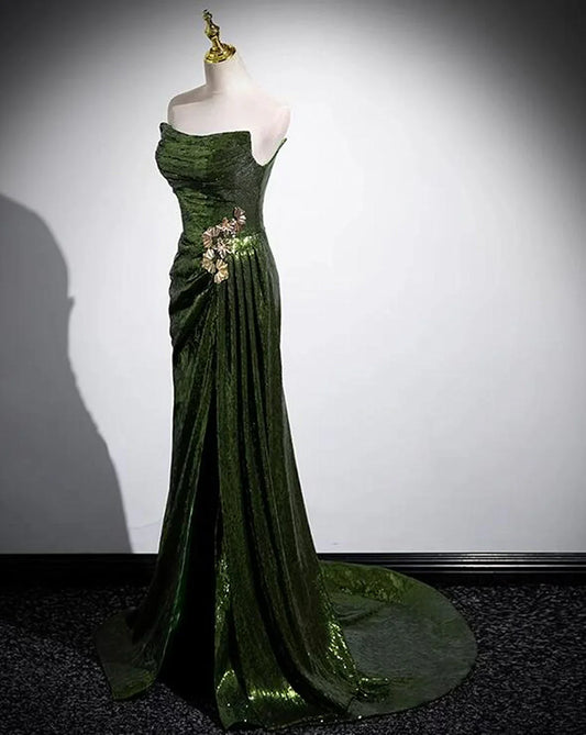 Vestido de fiesta largo estilo sirena con lentejuelas verdes, corte en A, vestido de fiesta verde con lentejuelas estilo sirena TP1097