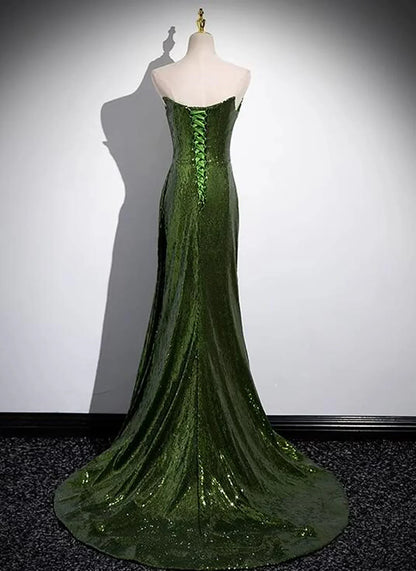 Vestido de fiesta largo estilo sirena con lentejuelas verdes, corte en A, vestido de fiesta verde con lentejuelas estilo sirena TP1097