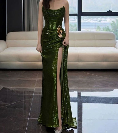 Vestido de fiesta largo estilo sirena con lentejuelas verdes, corte en A, vestido de fiesta verde con lentejuelas estilo sirena TP1097