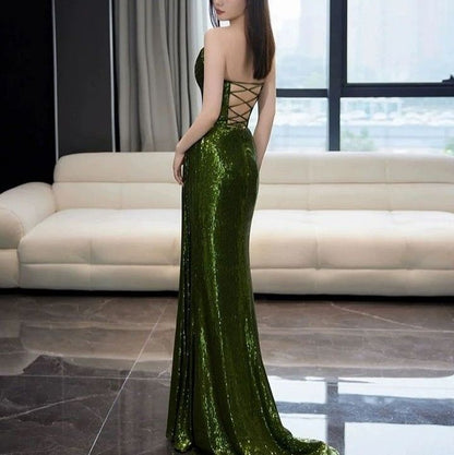 Vestido de fiesta largo estilo sirena con lentejuelas verdes, corte en A, vestido de fiesta verde con lentejuelas estilo sirena TP1097