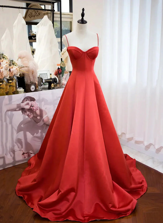 Vestido formal largo de satén rojo con escote corazón y tirantes, vestido de fiesta de satén rojo TP1099