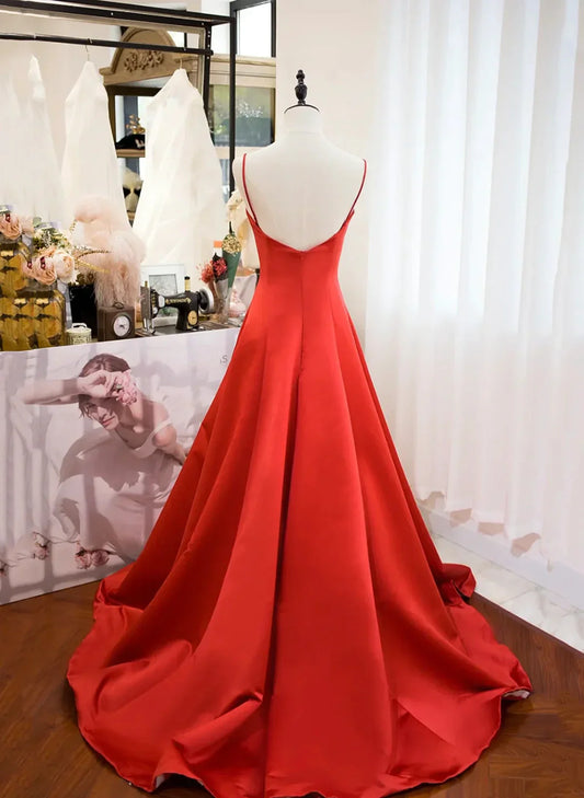 Vestido formal largo de satén rojo con escote corazón y tirantes, vestido de fiesta de satén rojo TP1099