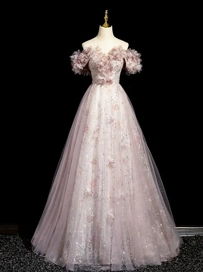 Vestido de fiesta largo hasta el suelo con lentejuelas de tul rosa empolvado, hermoso vestido de fiesta de noche de corte A TP110