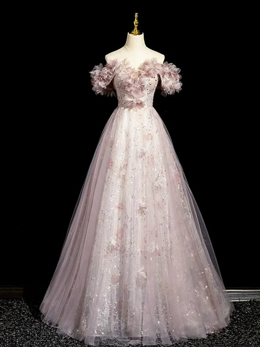 Vestido de fiesta largo hasta el suelo con lentejuelas de tul rosa empolvado, hermoso vestido de fiesta de noche de corte A TP110