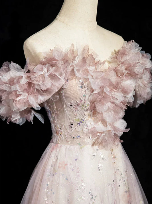 Vestido de fiesta largo hasta el suelo con lentejuelas de tul rosa empolvado, hermoso vestido de fiesta de noche de corte A TP110