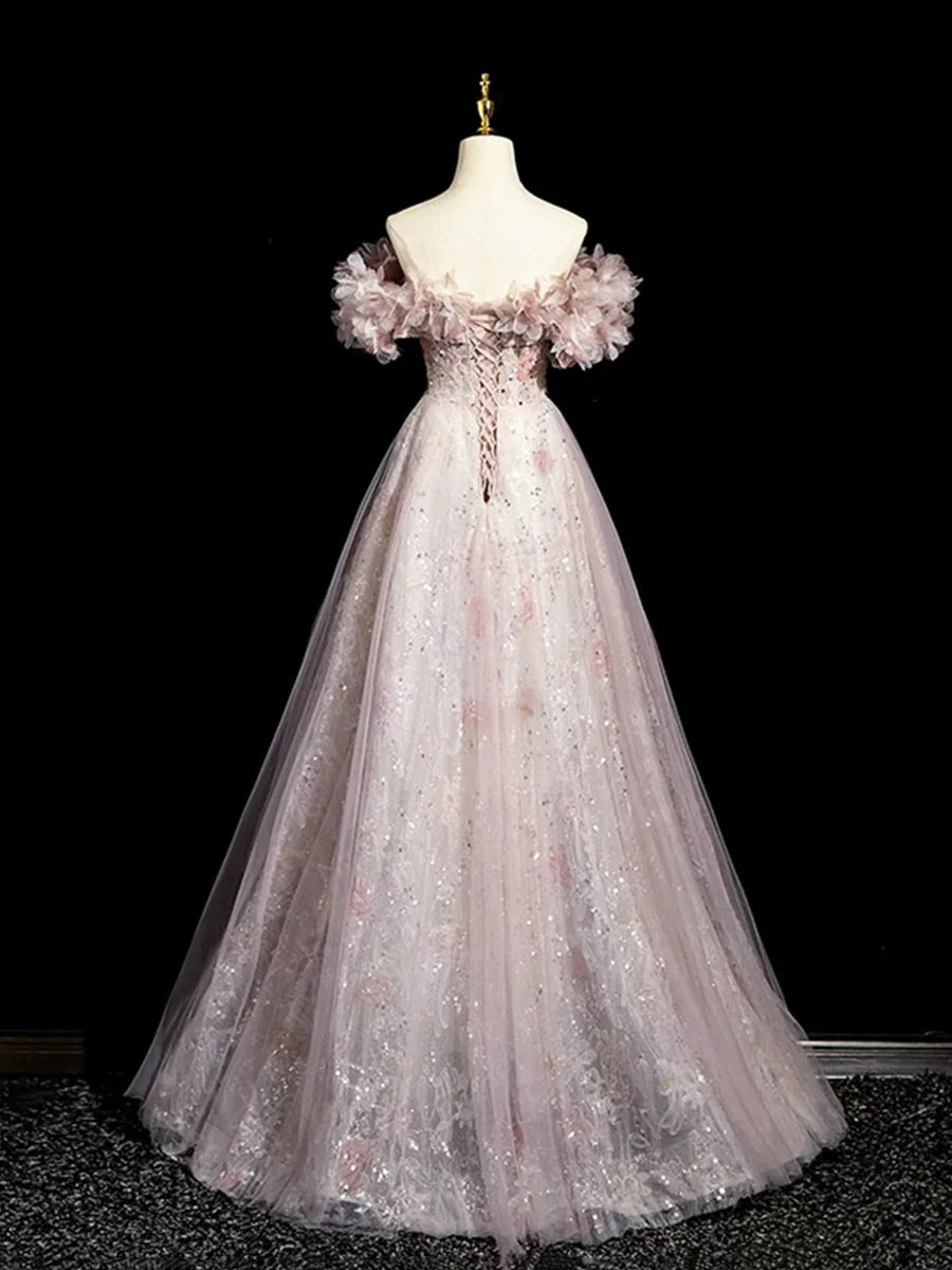 Vestido de fiesta largo hasta el suelo con lentejuelas de tul rosa empolvado, hermoso vestido de fiesta de noche de corte A TP110