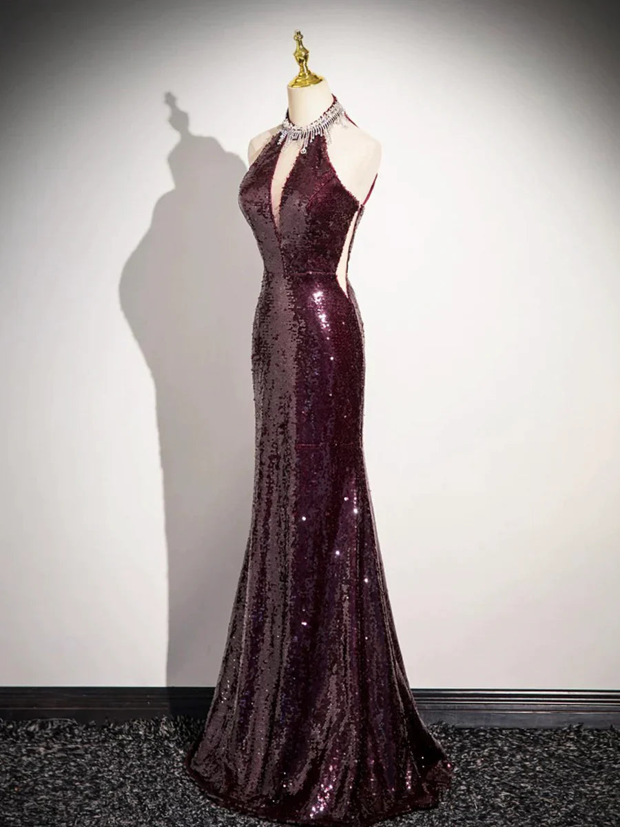 Burgundy Sequins Long Prom Dress, Mermaid Backless Evening Formal Dress TP111