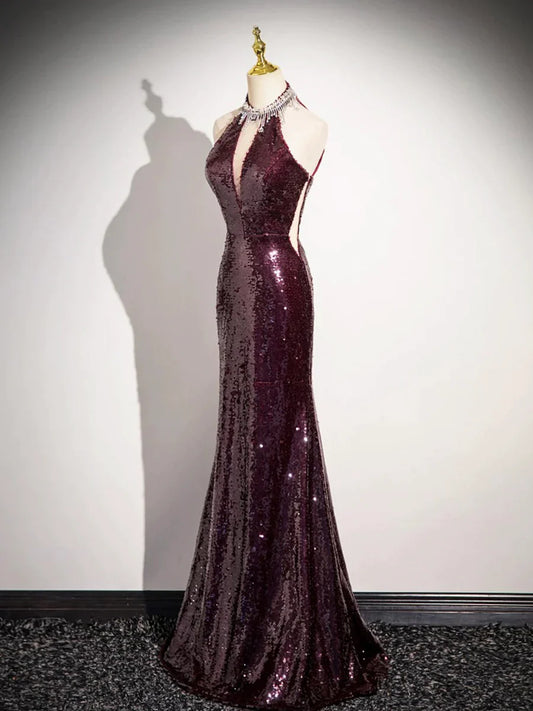 Burgundy Sequins Long Prom Dress, Mermaid Backless Evening Formal Dress TP111