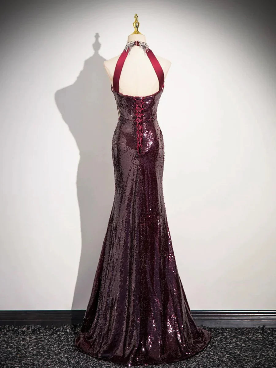 Burgundy Sequins Long Prom Dress, Mermaid Backless Evening Formal Dress TP111