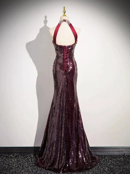 Burgundy Sequins Long Prom Dress, Mermaid Backless Evening Formal Dress TP111