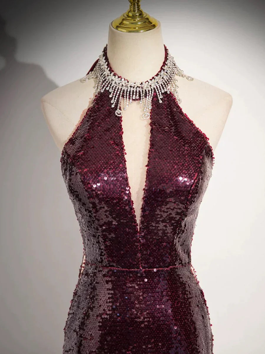 Burgundy Sequins Long Prom Dress, Mermaid Backless Evening Formal Dress TP111