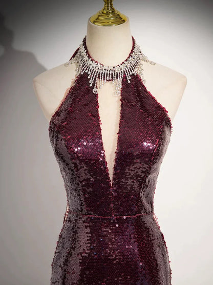 Burgundy Sequins Long Prom Dress, Mermaid Backless Evening Formal Dress TP111