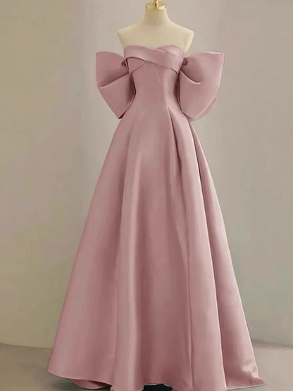 Vestido de fiesta de satén rosa hasta el suelo, vestido de noche con hombros descubiertos TP112