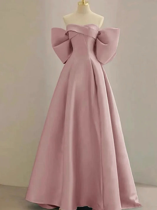 Vestido de fiesta de satén rosa hasta el suelo, vestido de noche con hombros descubiertos TP112
