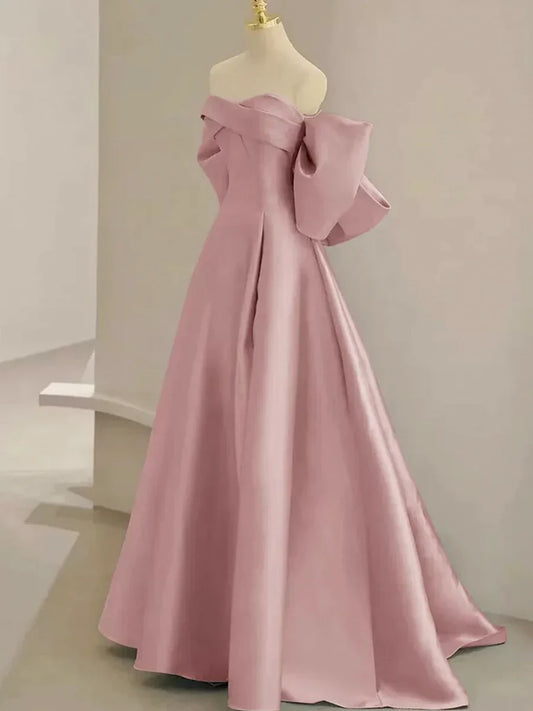 Vestido de fiesta de satén rosa hasta el suelo, vestido de noche con hombros descubiertos TP112