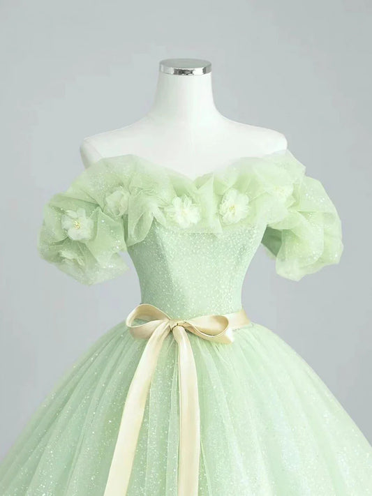 A-Line Sage Green Tulle Long Prom Dress, Beautiful Off the Shoulder Evening Party Dress TP113