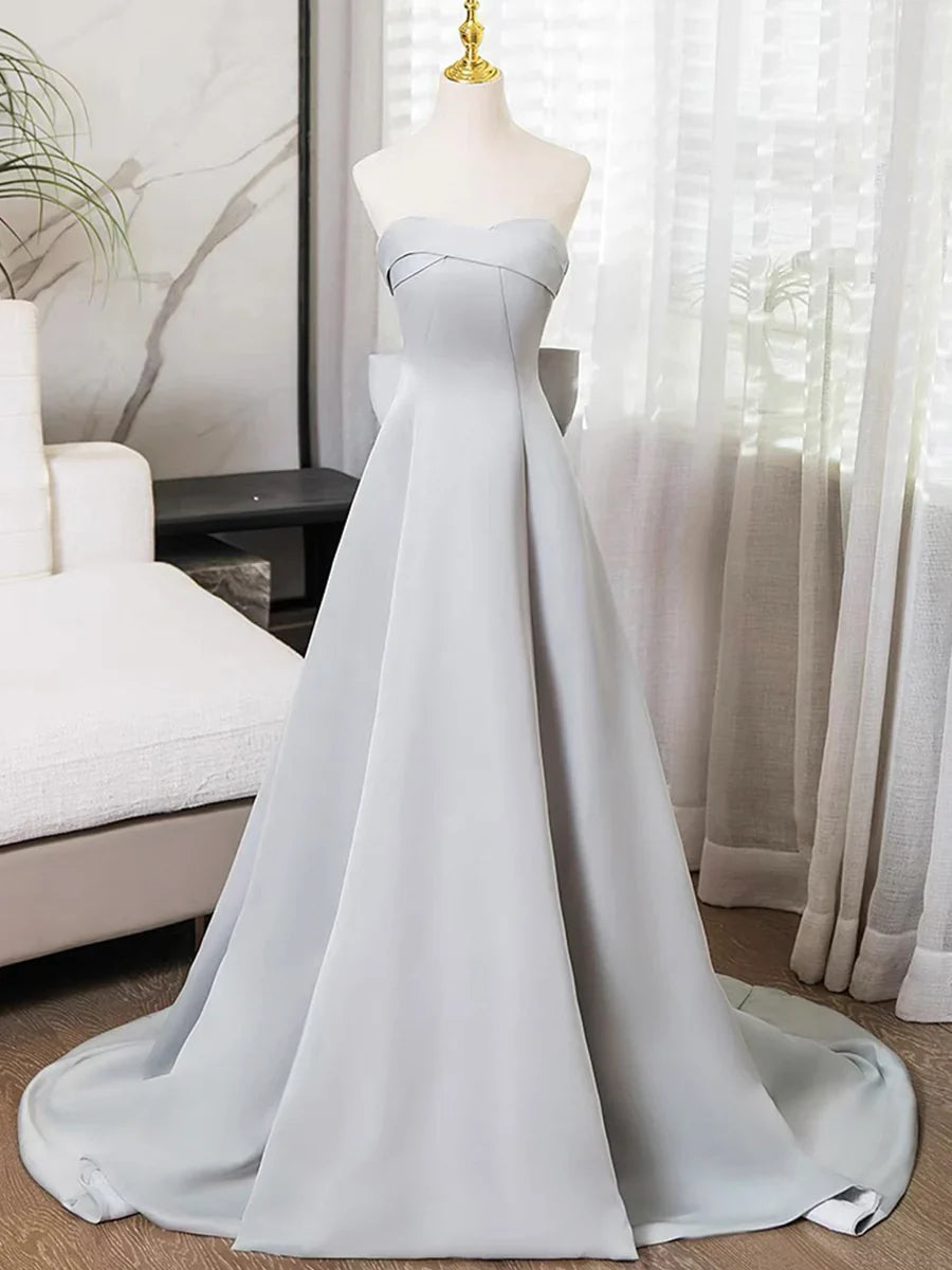 Vestido de fiesta largo de satén gris sin tirantes, vestido de noche sencillo de corte A TP114