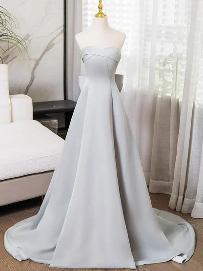 Vestido de fiesta largo de satén gris sin tirantes, vestido de noche sencillo de corte A TP114
