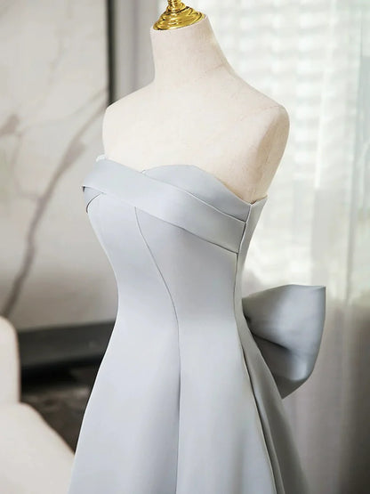 Vestido de fiesta largo de satén gris sin tirantes, vestido de noche sencillo de corte A TP114