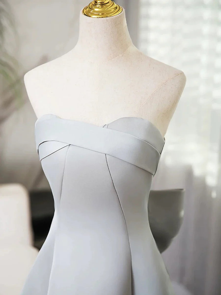 Vestido de fiesta largo de satén gris sin tirantes, vestido de noche sencillo de corte A TP114