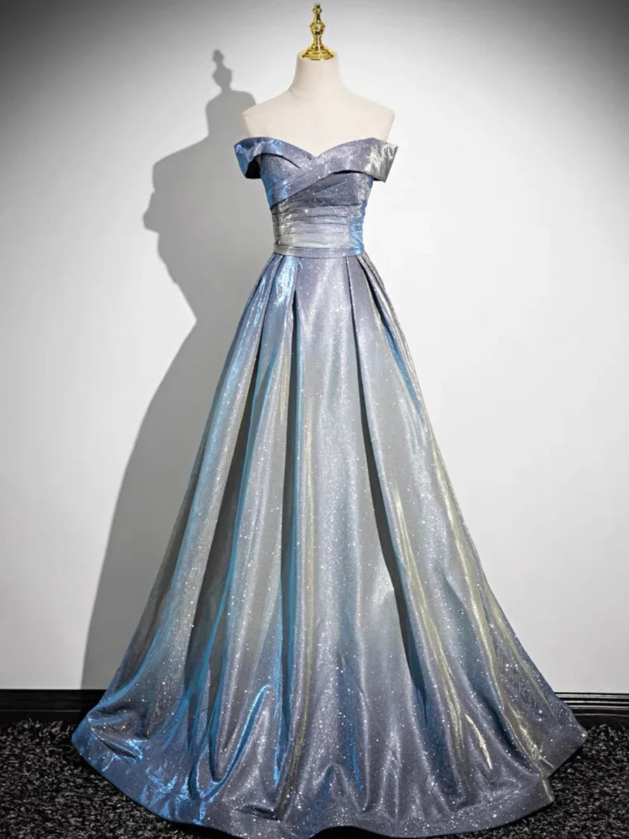 Vestido de fiesta azul degradado, largo hasta el suelo, corte A, con hombros descubiertos, TP115
