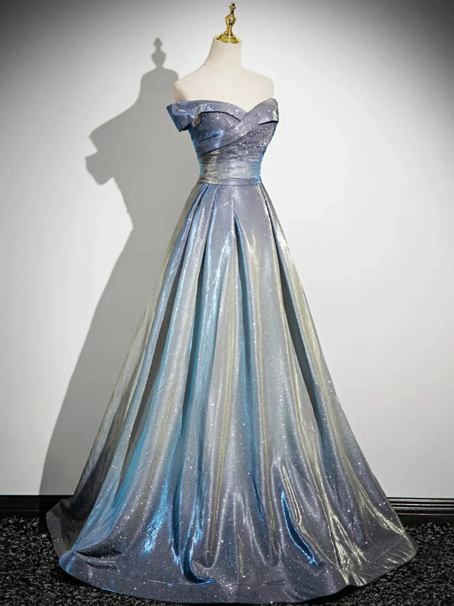 Vestido de fiesta azul degradado, largo hasta el suelo, corte A, con hombros descubiertos, TP115