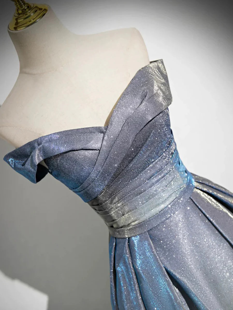 Vestido de fiesta azul degradado, largo hasta el suelo, corte A, con hombros descubiertos, TP115