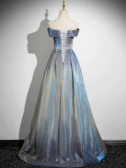 Vestido de fiesta azul degradado, largo hasta el suelo, corte A, con hombros descubiertos, TP115