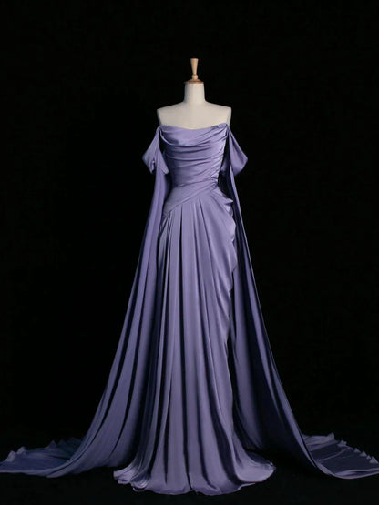 Elegante vestido de fiesta largo de satén con escote drapeado morado, vestido formal de fiesta TP120