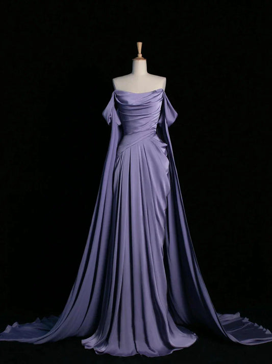 Elegante vestido de fiesta largo de satén con escote drapeado morado, vestido formal de fiesta TP120
