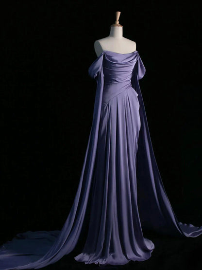 Elegante vestido de fiesta largo de satén con escote drapeado morado, vestido formal de fiesta TP120