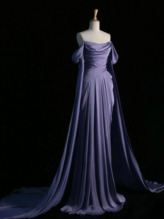 Elegante vestido de fiesta largo de satén con escote drapeado morado, vestido formal de fiesta TP120