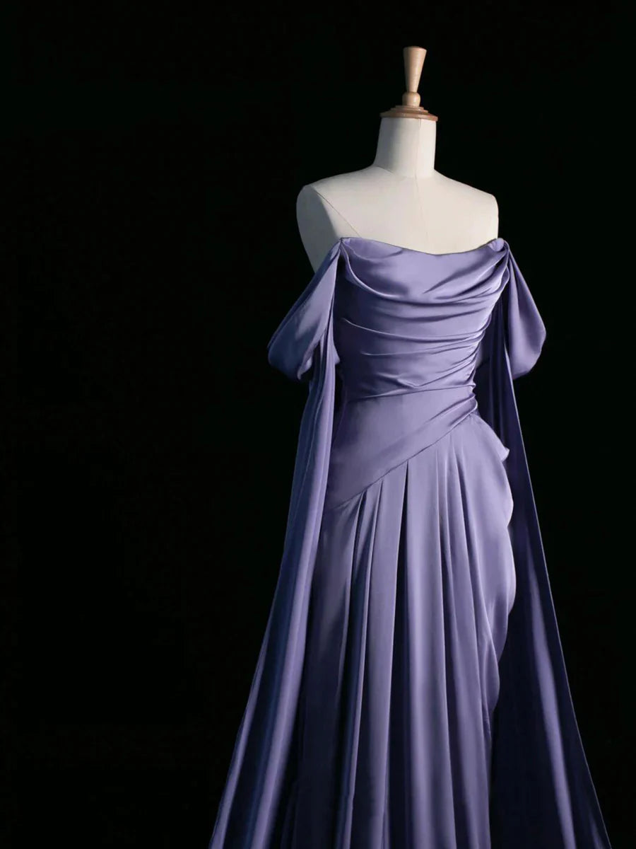 Elegante vestido de fiesta largo de satén con escote drapeado morado, vestido formal de fiesta TP120