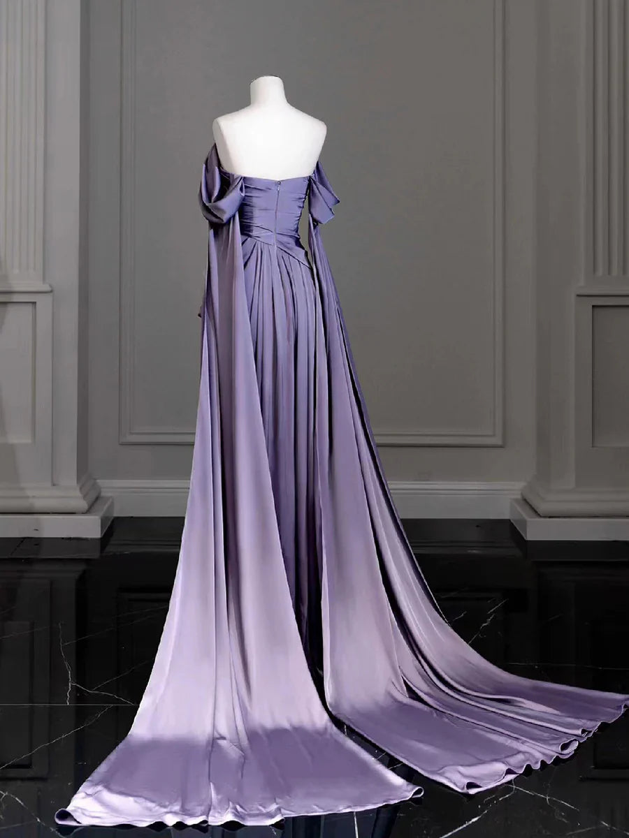 Elegante vestido de fiesta largo de satén con escote drapeado morado, vestido formal de fiesta TP120