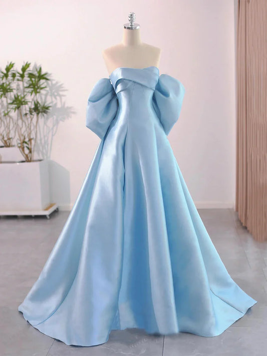 Blue Satin Floor Length Prom Dress with Bow, Beautiful A-Line Party Dress TP121