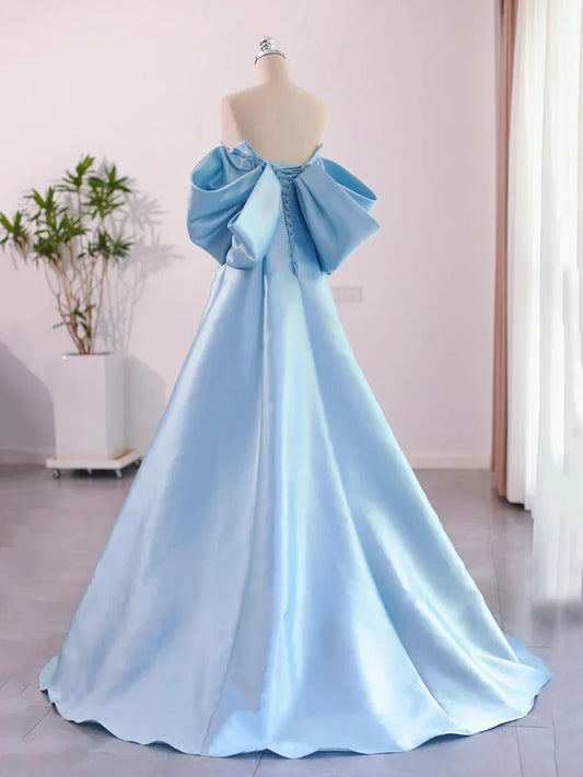 Blue Satin Floor Length Prom Dress with Bow, Beautiful A-Line Party Dress TP121
