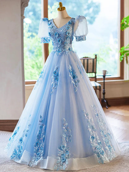 Blue Appliques Lace Flower Floor Length Prom Dresses, Beautiful V-Neck Short Sleeve Evening Dress TP124